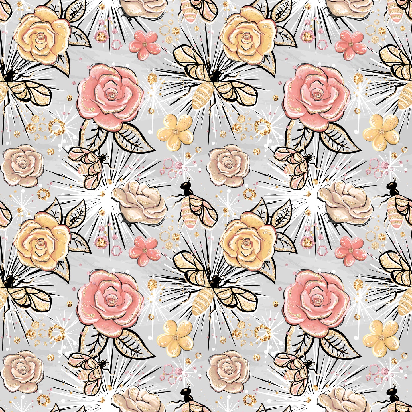 Blue Honeybees and Flowers