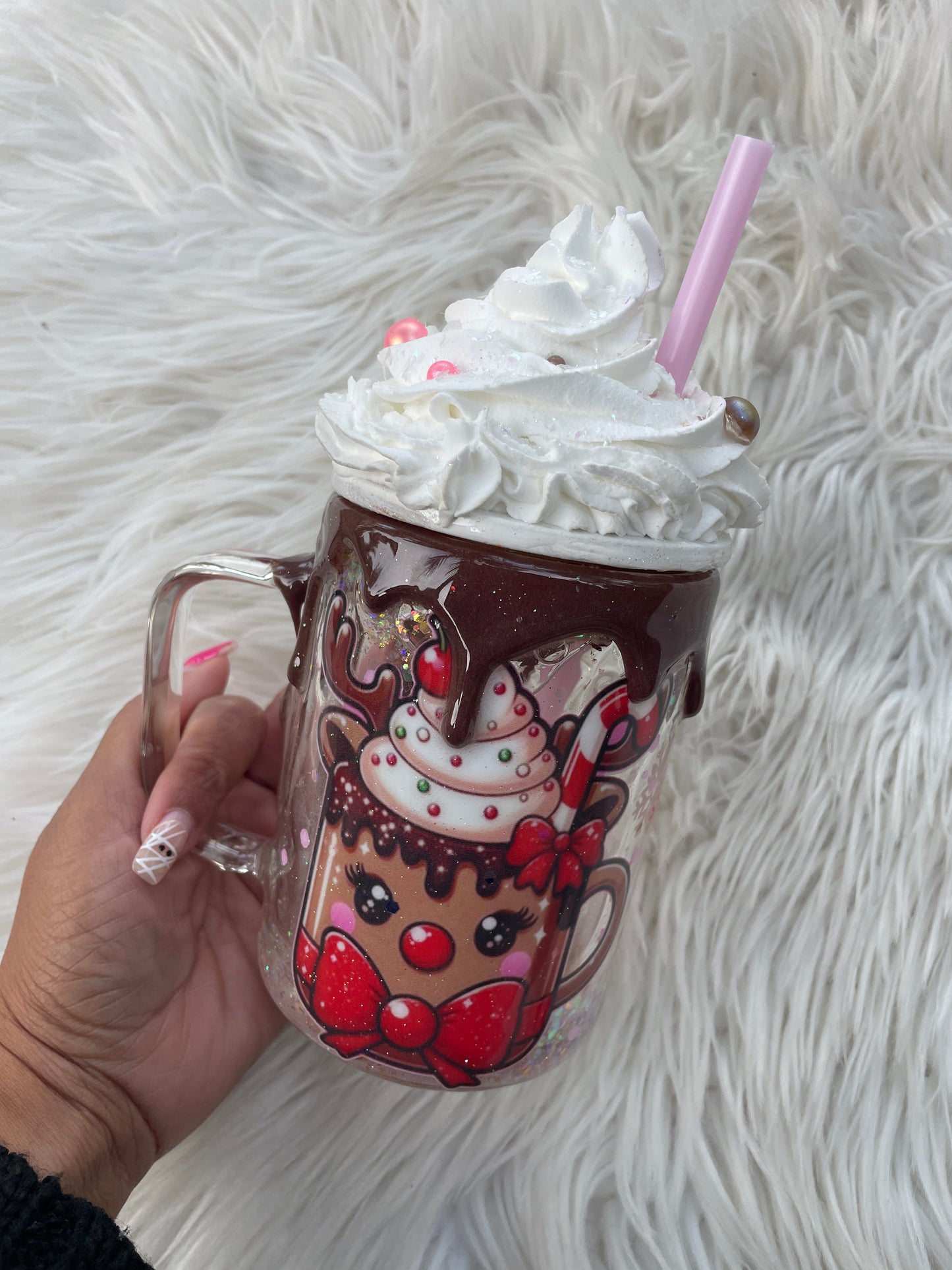 Whipped Reindeer - 15oz Snowglobe Glass Mug w whipped Topper