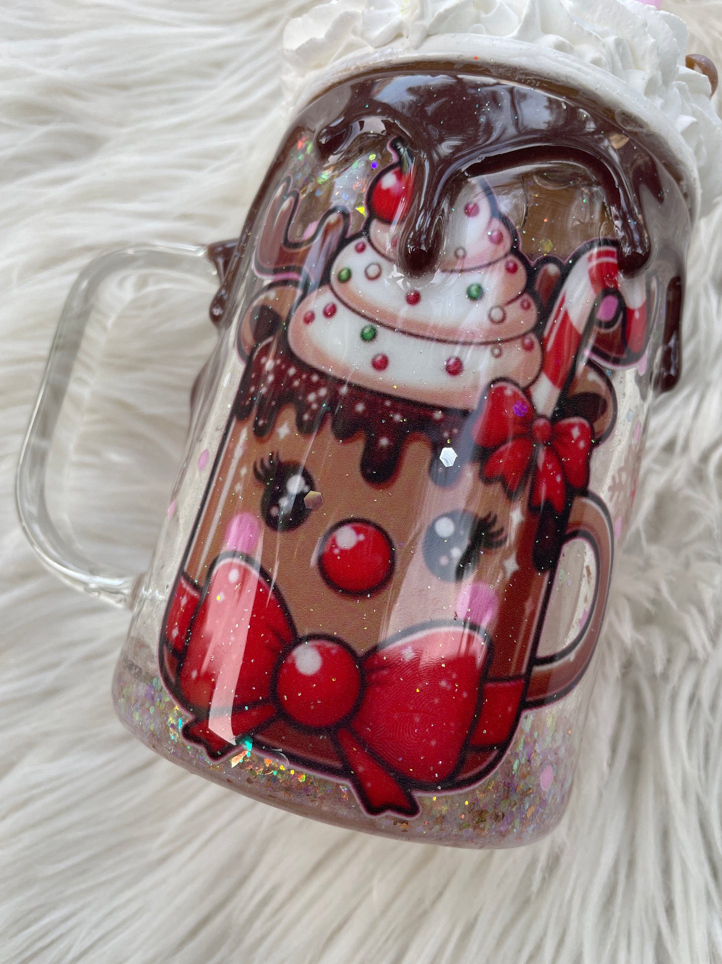 Whipped Reindeer - 15oz Snowglobe Glass Mug w whipped Topper