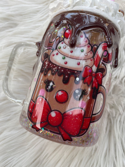 Whipped Reindeer - 15oz Snowglobe Glass Mug w whipped Topper